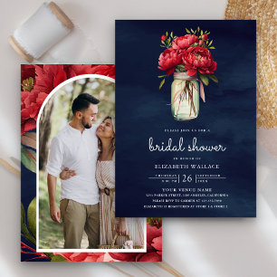 Red Peony Floral Mason Jar Navy Blue Brautparty Einladung