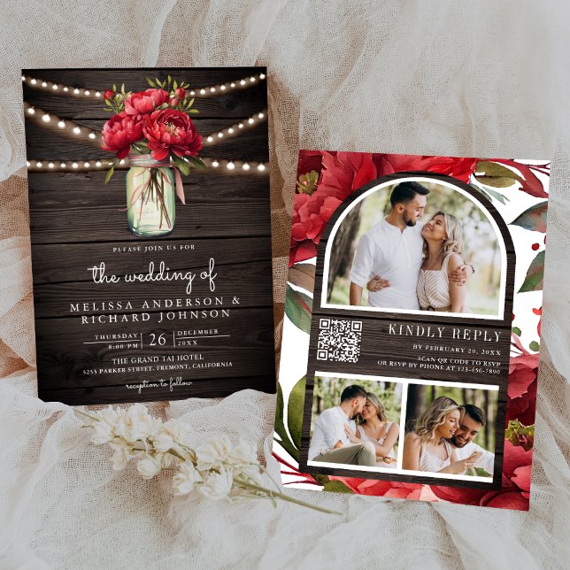 Red Peony Floral Mason Jar QR Code Hochzeit Holz Einladung (Von Creator hochgeladen)