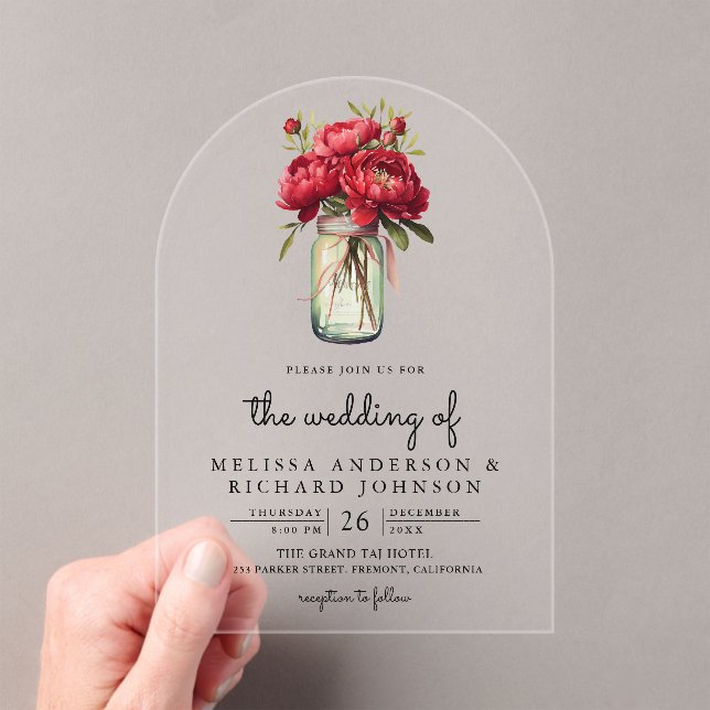 Red Peony Floral Mason Jar Wedding Acryleinladungen (Insitu (Handheld))