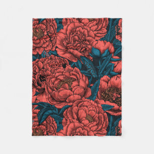 Red peony flowers and moths fleecedecke