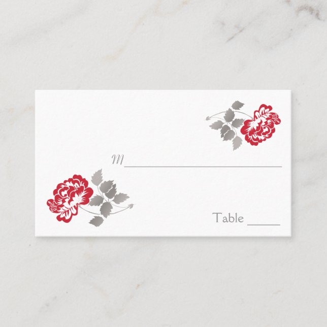 Red Peony on White mit Taupe Placecards Platzkarte (Vorderseite)