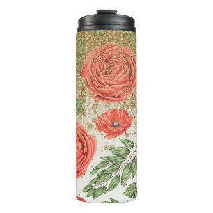 *~* Red PEONY POPPY Gold Glitzer Floral Thermosbecher