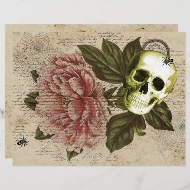 Red Peony Steampunk Skull Ephemera Briefbogen (Vorne/Hinten)