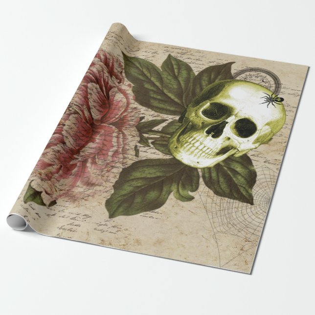 Red Peony Steampunk Skull Ephemera Geschenkpapier (Ungerollt)