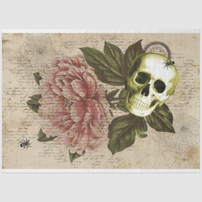 Red Peony Steampunk Skull Ephemera Seidenpapier (Vorderseite)