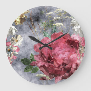 Red Peony Watercolor Floral Pattern Große Wanduhr