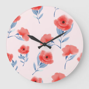 Red Peony Watercolor Nahtloses Muster Große Wanduhr