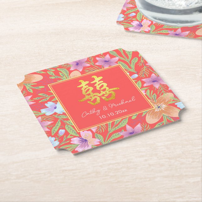 Red Peranakan floral doppelxi Chinesische Hochzeit Untersetzer (angewinkelt)