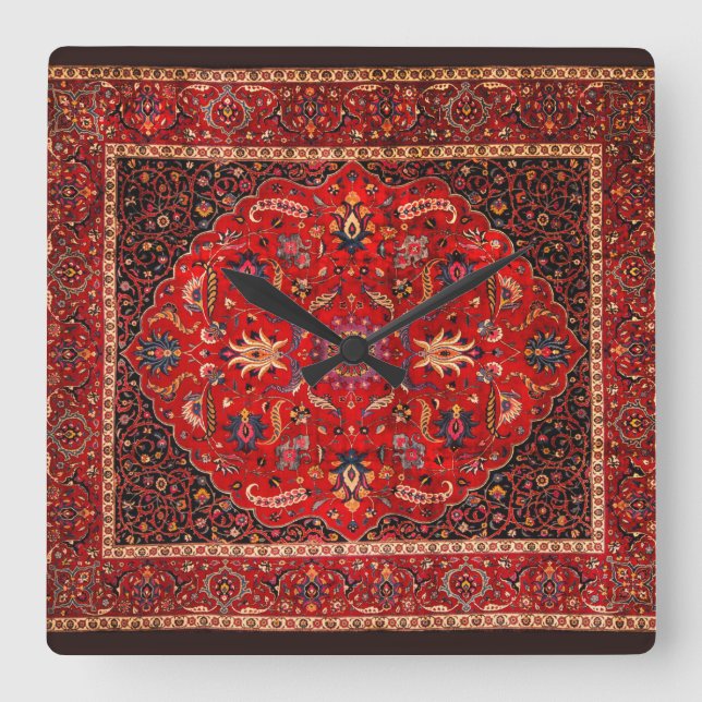 Red Persian Rug aus Mashhad Quadratische Wanduhr (Vorderseite)