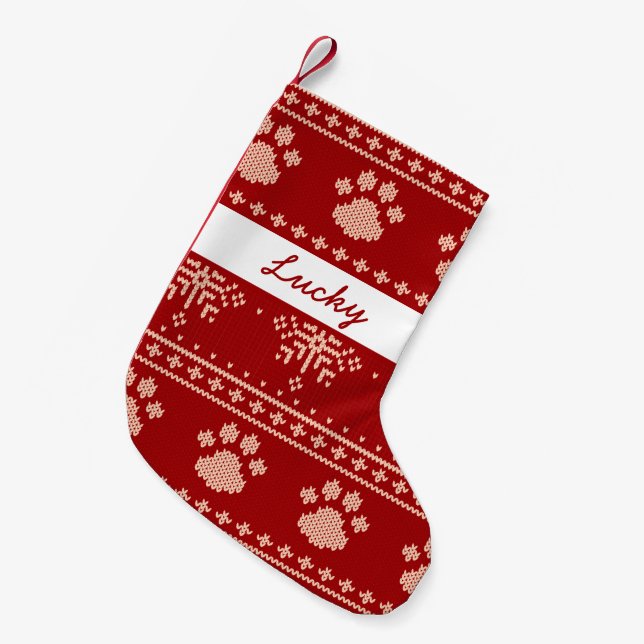Red personalisiert Name Cat Paw Knitter Weihnachte Kleiner Weihnachtsstrumpf (Vorderansicht (hängend))