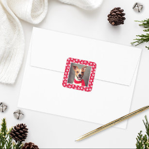 Red Pet Dog Paw Print Pattern Holiday Foto Quadratischer Aufkleber
