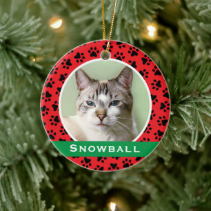 Red Pet Paw druckt Personalisiertes Cat Name Foto Keramikornament