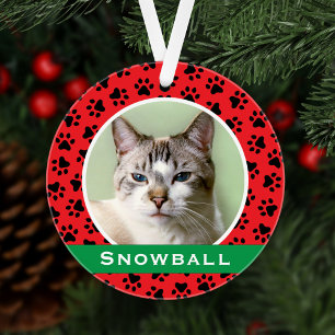 Red Pet Paw druckt Personalisiertes Cat Name Foto Ornament