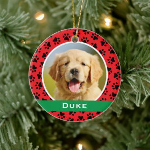 Red Pet Paw druckt Personalisiertes Dog Name Foto Keramik Ornament
