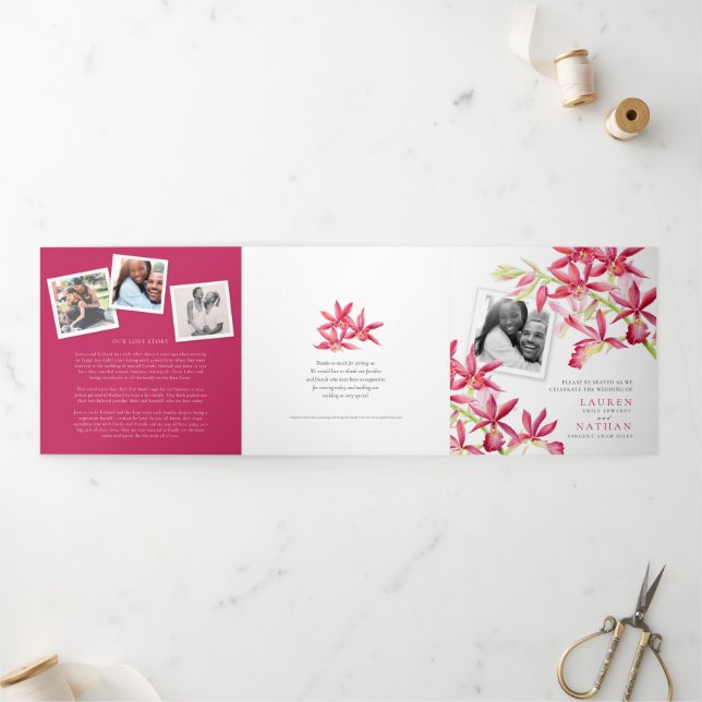 Red Phaiocalanthe Juwel Orchid Aquarell Hochzeit Dreifach-gefaltete Programmkarte (Außenbereich)