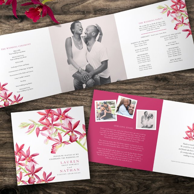 Red Phaiocalanthe Juwel Orchid Aquarell Hochzeit Dreifach-gefaltete Programmkarte (Von Creator hochgeladen)