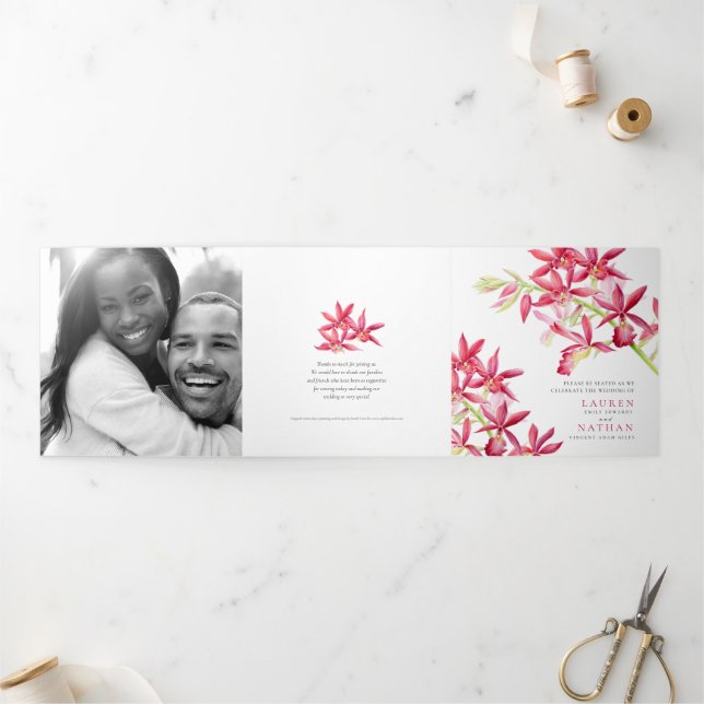 Red Phaiocalanthe Juwel Orchid Aquarell Hochzeit Dreifach-gefaltete Programmkarte (Außenbereich)