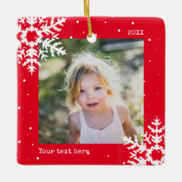 Red Photo Holiday Ornament with Snowflakes