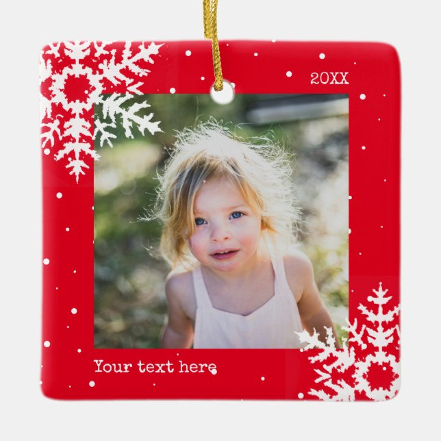 Red Photo Holiday Ornament with Snowflakes (Vorderseite)
