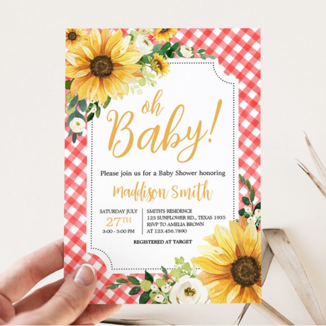 Red Picnic Sunflower Baby Dusche Einladung (Floral Picnic Baby Shower Invitation)