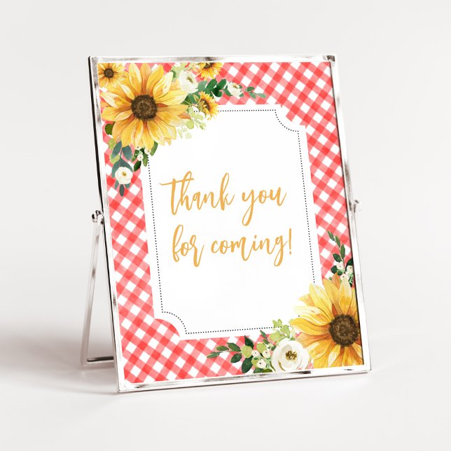 Red Picnic Sunflower Danke, dass du gekommen bist Poster (Floral Picnic Baby Shower Thank you for Coming Sign)