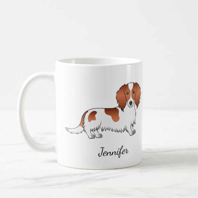 Red Piebald Long Hair Dackel Cartoon Dog & Name Kaffeetasse (Links)