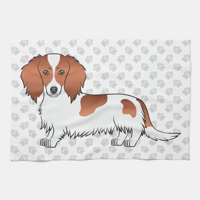 Red Piebald Long Hair Dackel Cartoon Dog & Paws Geschirrtuch (Horizontal)