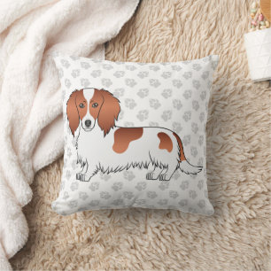 Red Piebald Long Hair Dackel Cartoon Dog & Paws Kissen