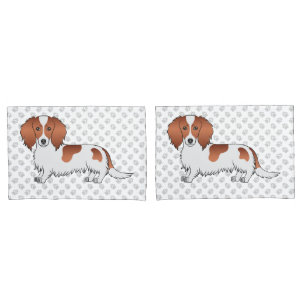 Red Piebald Long Hair Dackel Cartoon Dog & Paws Kissenbezug