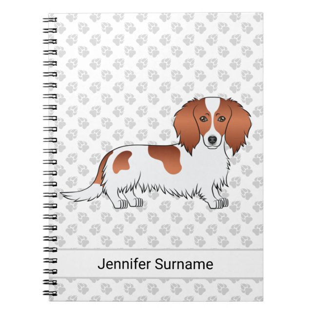 Red Piebald Long Hair Dackel Cartoon Dog & Text Notizblock (Vorderseite)