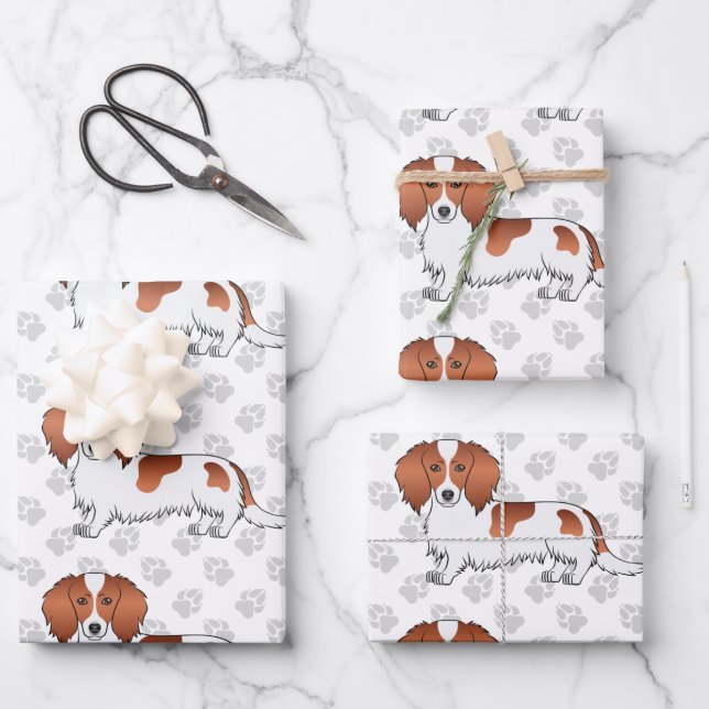 Red Piebald Long Hair Dackel Dog Pattern & Paws Geschenkpapier Set (Vorderseite)