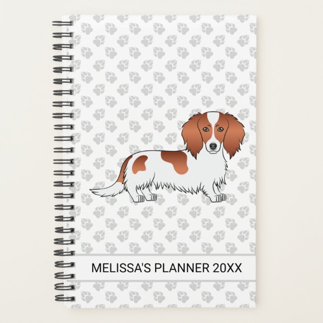 Red Pied Long Hair Dackel Cartoon Dog & Text Planer (Vorderseite)