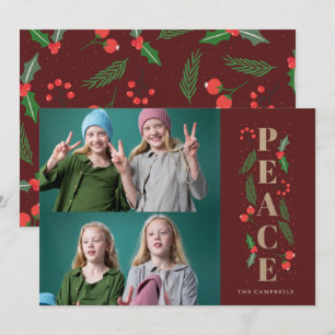 Red Pine Holly Berries Gold Peace Multiple Foto Feiertagskarte