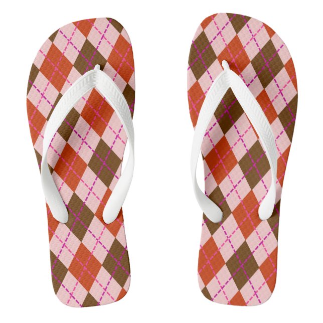 Red Pink and Brown Argyle Pattern Flip Flops (Fußbett)