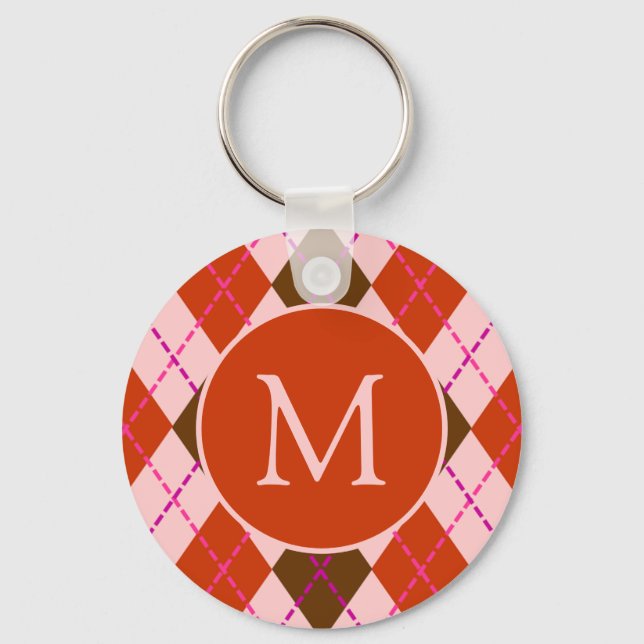 Red Pink and Brown Argyle Pattern Monogram Schlüsselanhänger (Vorderseite)