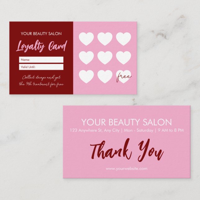 Red Pink Beauty Salon Loyalty ThankYou Reward Card Treuekarte (Vorne/Hinten)