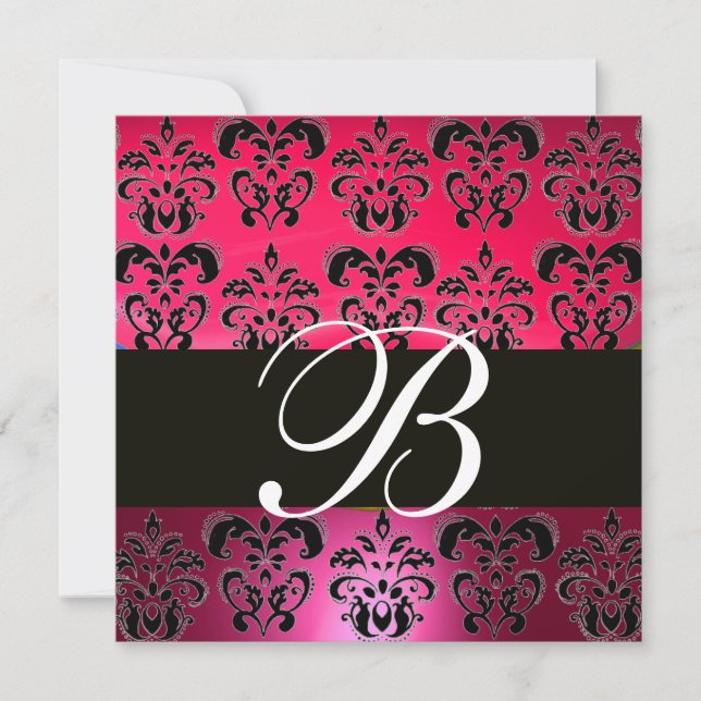 RED PINK BLACK DAMASK MONOGRAM fuchsia weiß Einladung (Vorderseite)
