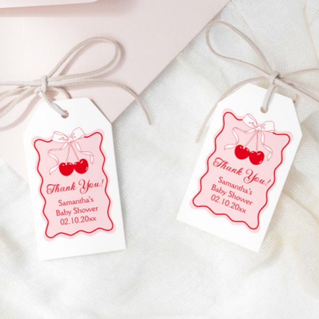 Red Pink Bow Cherry auf Top Baby Dusche Gefallen Geschenkanhänger (Von Creator hochgeladen)