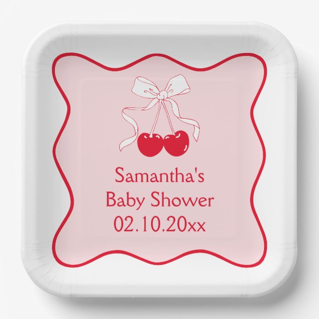 Red Pink Bow Cherry auf Top Baby Dusche Pappteller (Vorderseite)