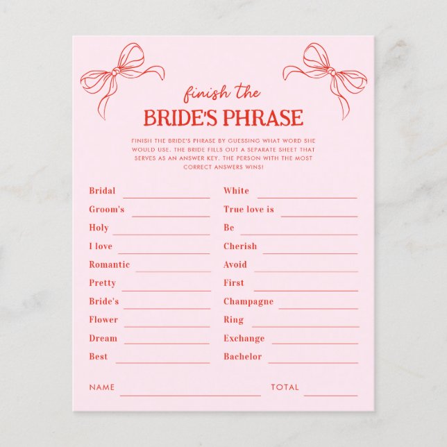Red & Pink Bow Finish the Bride's Phrase Game (Vorderseite)