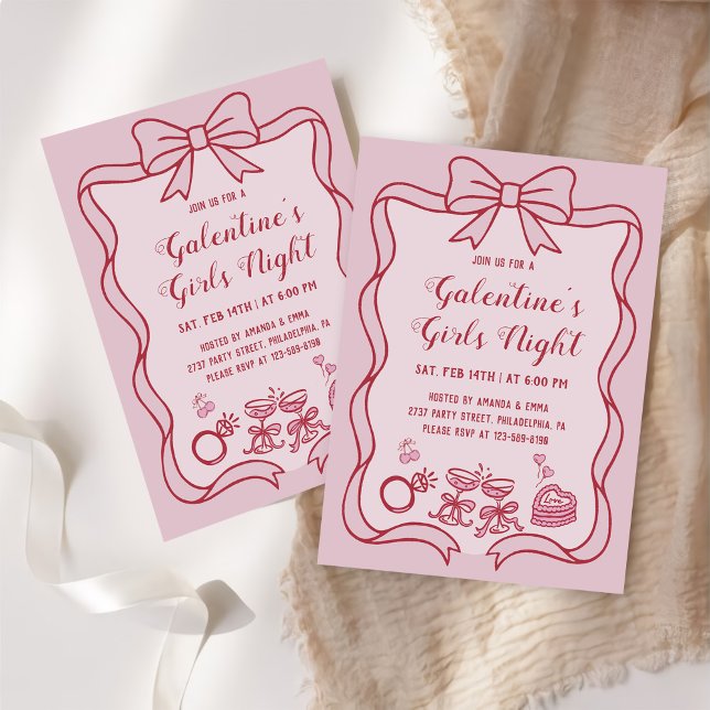 Red Pink Bow Galentine's Girls Night Party Einladung (Von Creator hochgeladen)