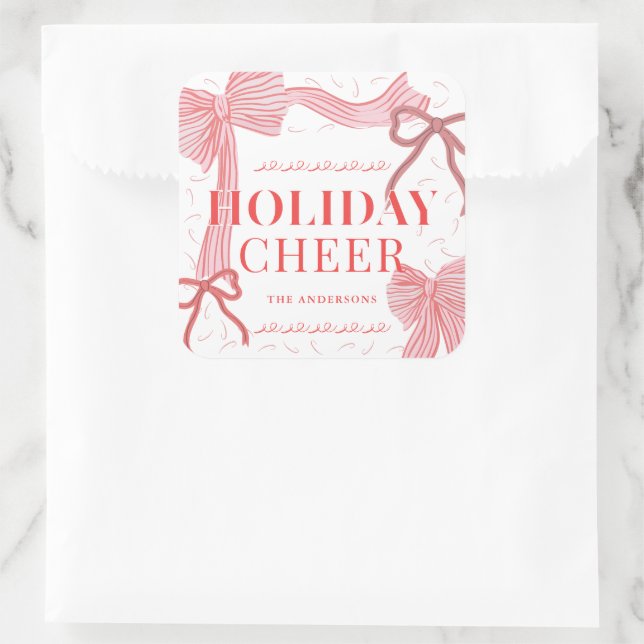 Red & Pink Bows Holiday Cheer Foto Weihnachten Quadratischer Aufkleber (Tasche)
