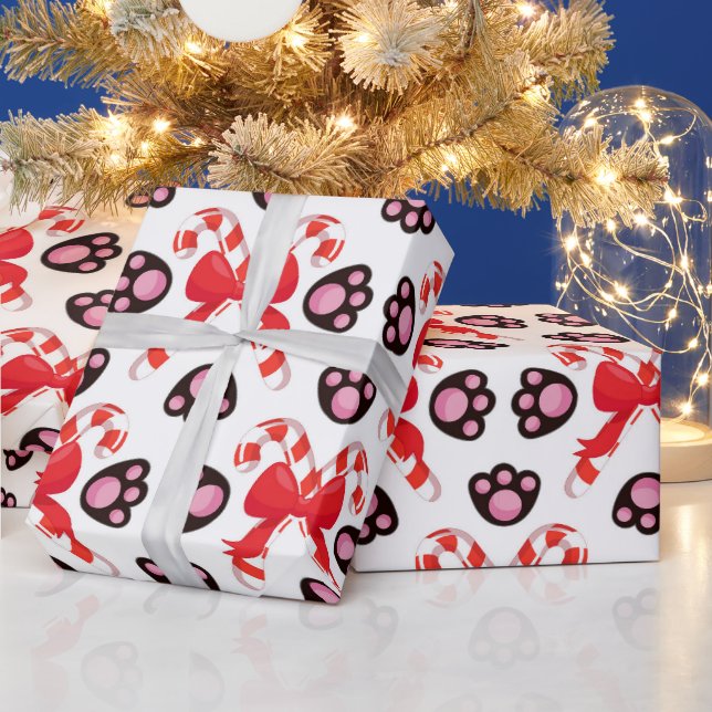 Red & Pink Christmas Candy Cane Animal Paws Geschenkpapier (Feiertage)