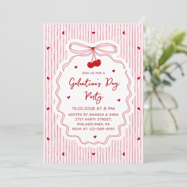 Red Pink Coquette Cherry Bow Galentine's Day Party Einladung (Stehend Vorderseite)