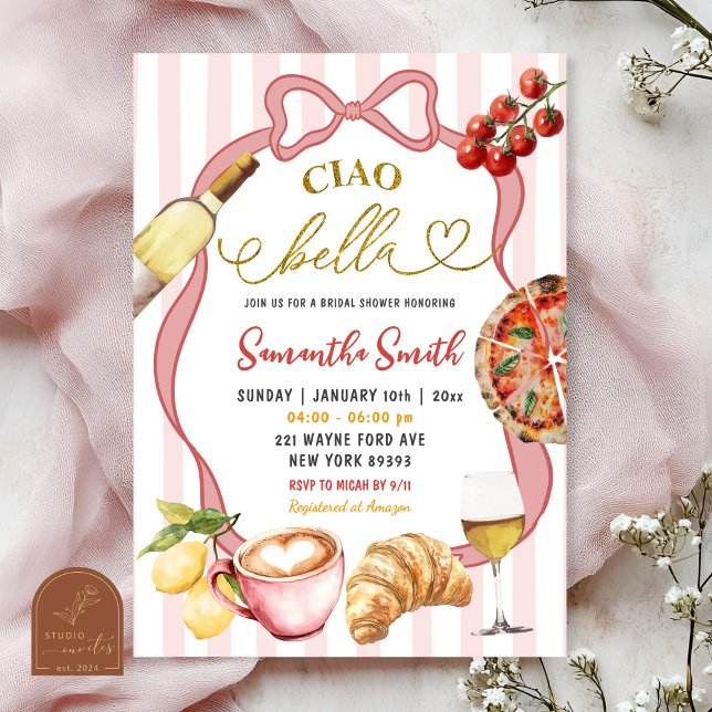 Red Pink Coquette Stripes Italy Ciao Bella Bridal Einladung (Von Creator hochgeladen)