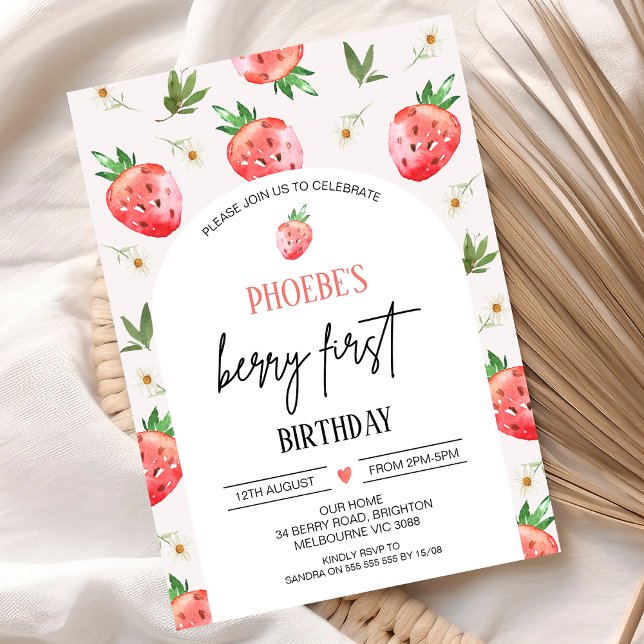 Red Pink Daisy Strawberry Berry Erster Geburtstag Einladung (Modern Berry First Birthday Invitation, Strawberry Strawberries Red Pink Arch Daisy 1st Birthday)