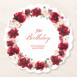 Red Pink Floral 19. Geburtstagsparty Personalisier Untersetzer
