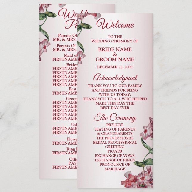 Red Pink Floral Green Leaves Modern Wedding Programm (Vorne/Hinten)