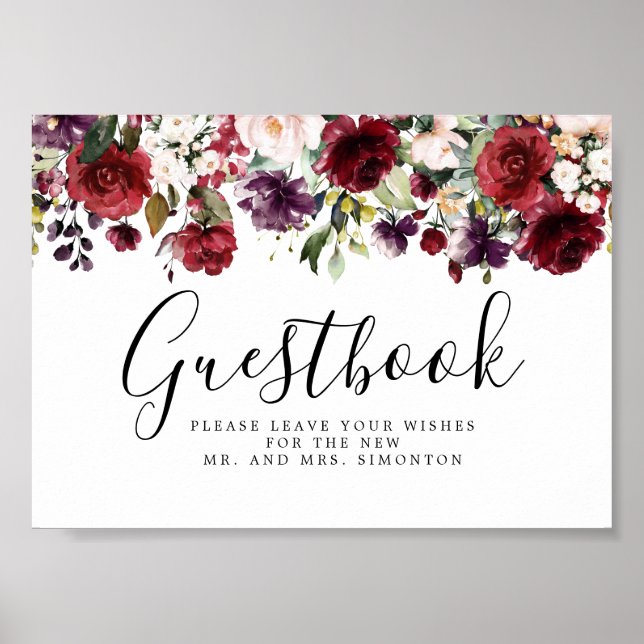 Red Pink Floral Wedding Gästebuchunterschrift Poster (Vorne)