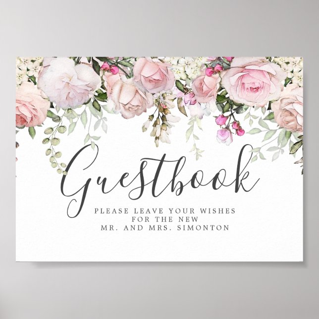 Red Pink Floral Wedding Gästebuchunterschrift Poster (Vorne)